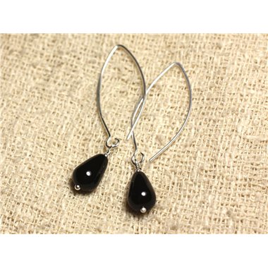 Boucles d'Oreilles Argent 925 Crochets 40mm - Onyx Noir Gouttes 12x8mm 