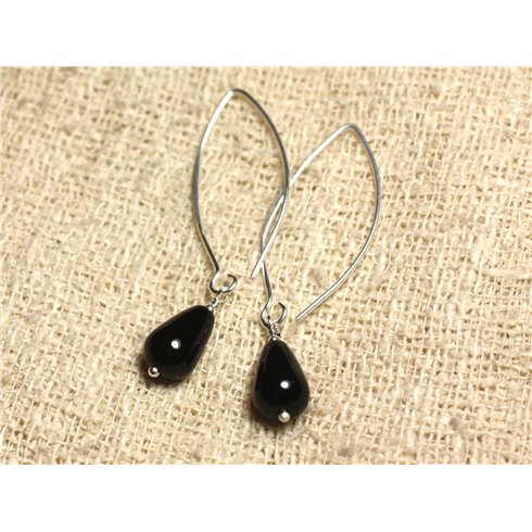 Boucles d'Oreilles Argent 925 Crochets 40mm - Onyx Noir Gouttes 12x8mm 