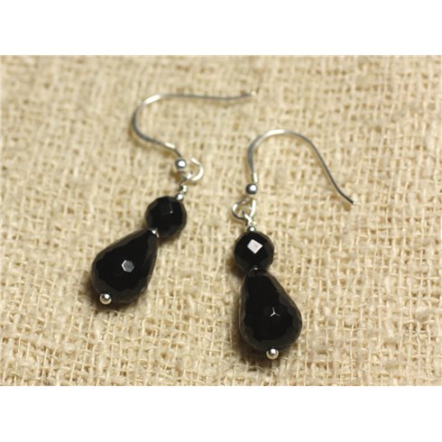 Boucles d'Oreilles Argent 925 - Onyx Noir Gouttes Facettées 12x8mm et rondes Facettées 6mm 