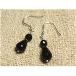 Boucles d'Oreilles Argent 925 - Onyx Noir Gouttes Facettées 12x8mm et rondes Facettées 6mm 