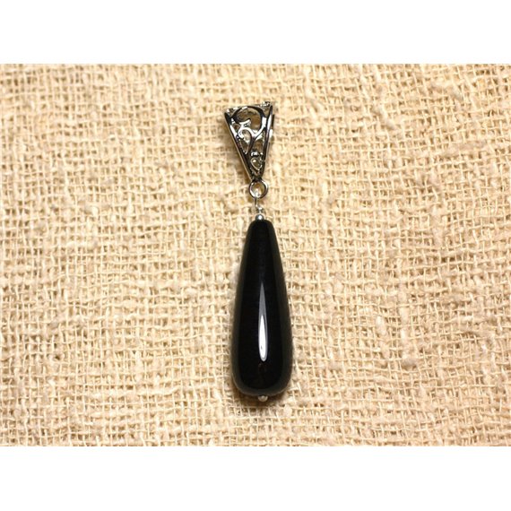 Collier Pendentif Pierre - Onyx Noir Goutte 30x10mm