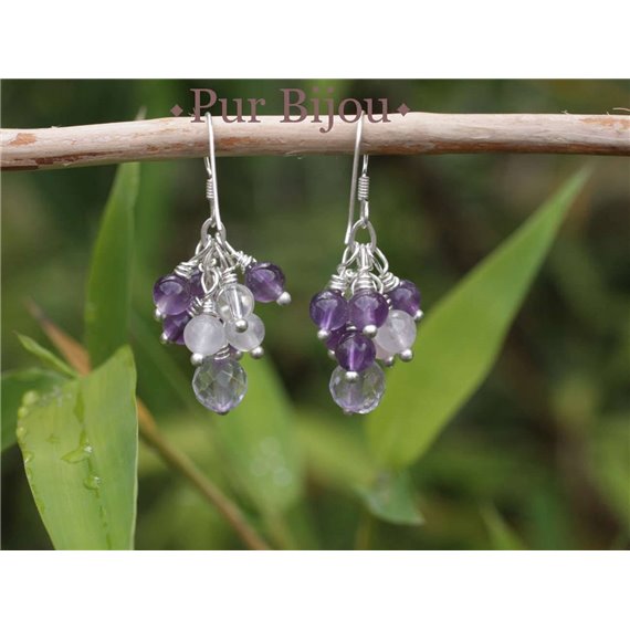 Boucles Argent 925 - Améthyste - Quartz Rose et Cristal de Roche