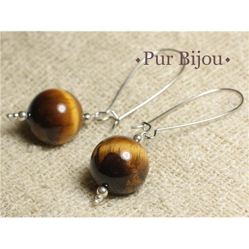 Boucles d'Oreilles Pierre Semi Précieuse - Oeil de Tigre 16 mm