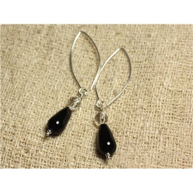 Boucles d'Oreilles Argent 925 Crochets 40mm - Onyx Noir Gouttes 15x8mm et Cristal Facetté 6mm 