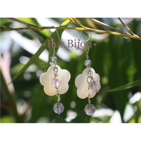 Boucles Argent 925 - Améthyste Facettée et Fleurs en Nacre