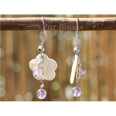 Boucles Argent 925 - Améthyste Facettée et Fleurs en Nacre