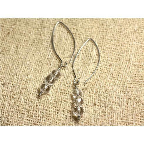 Boucles d'Oreilles Argent 925 Crochets 40mm - Cristal Quartz Facetté 6mm 