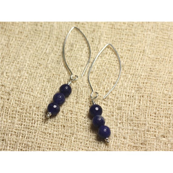 Boucles d'Oreilles Argent 925 Crochets 40mm - Sodalite Facettée 6mm 