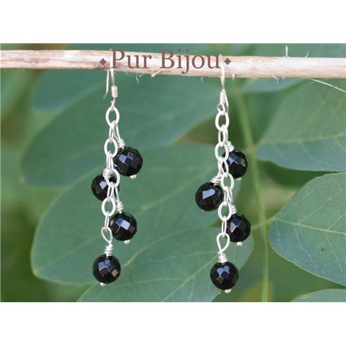 Boucles Argent 925 - Pierres Semi Précieuses - Onyx Noir Facetté