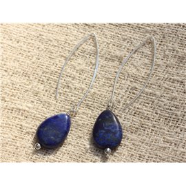 Boucles Oreilles Longs Crochets Argent 925 et Pierre Lapis Lazuli Gouttes 16x12mm Bleu Nuit