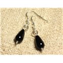 Boucles d'Oreilles Argent 925 - Onyx Noir Gouttes 15x8mm et Cristal Facetté 6mm 