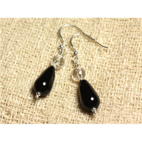 Boucles d'Oreilles Argent 925 - Onyx Noir Gouttes 15x8mm et Cristal Facetté 6mm 