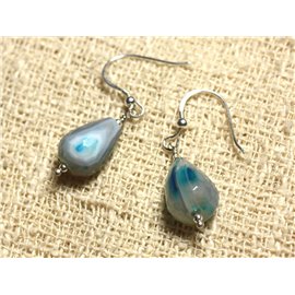 925 Silver Earrings - Blue Agate Faceted Drops 14x10mm