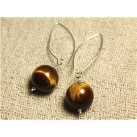 Earrings Silver 925 Hooks 40mm - Tiger Eye 16mm 