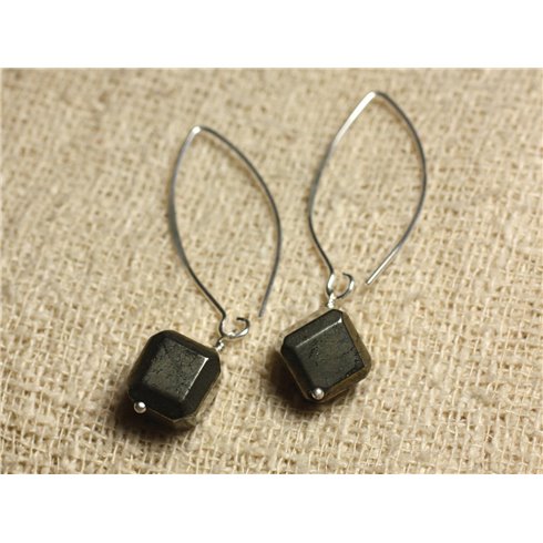 Boucles d'Oreilles Argent 925 Crochets 40mm - Pyrite dorée Cubes 10x10mm 