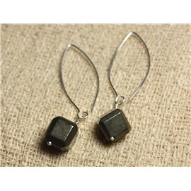 Pendientes Plata 925 Ganchos 40mm - Pirita Dorada Cubos 10x10mm 