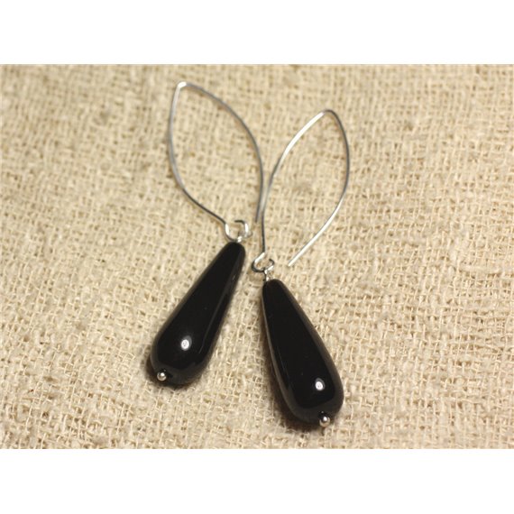 Boucles d'Oreilles Argent 925 Crochets 40mm - Onyx Noir Longues Gouttes 30x10mm 