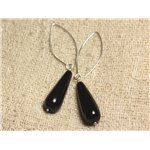 Boucles d'Oreilles Argent 925 Crochets 40mm - Onyx Noir Longues Gouttes 30x10mm 