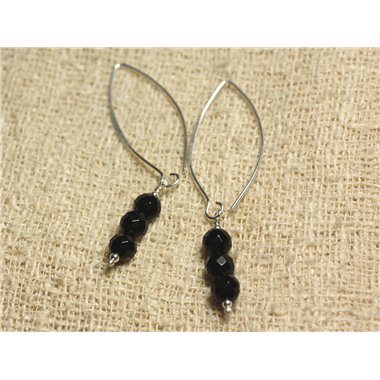 Boucles d'Oreilles Argent 925 Crochets 40mm - Onyx Noir perles rondes Facettées 6mm 