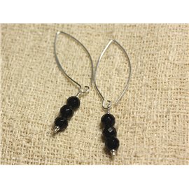 Boucles d'Oreilles Argent 925 Crochets 40mm - Onyx Noir perles rondes Facettées 6mm 