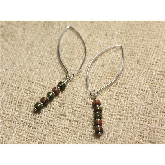 Boucles d'Oreilles Argent 925 Crochets 40mm - Unakite Rondelles 4x2mm 