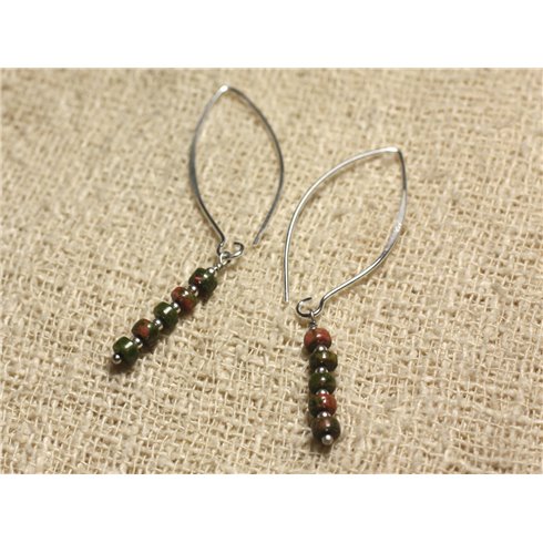 Boucles d'Oreilles Argent 925 Crochets 40mm - Unakite Rondelles 4x2mm 