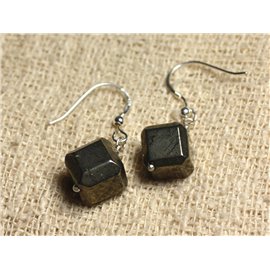 925 Silver Earrings - Golden Pyrite Cubes 10x10mm 