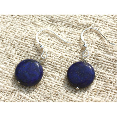 Boucles d'Oreilles Argent 925 et Lapis Lazuli Palets 14mm 