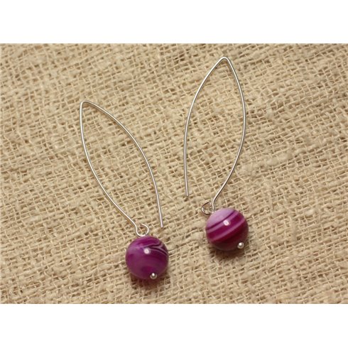 Boucles d'Oreilles Agate Fuchsia et longs crochets Argent 925 