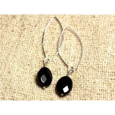 Boucles d'Oreilles Argent 925 Crochets 40mm - Onyx Noir Ovales facettés 14x10mm 