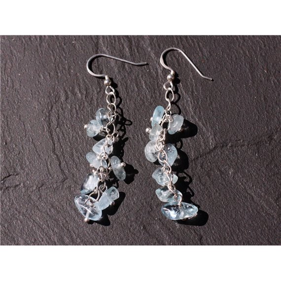 Boucles d'oreilles Argent 925 et Pierre Aigue Marine pendantes 