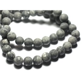 Thread 39cm 46pc approx - Stone Beads - Jasper Landscape Gray Black Matt Sanded Frosted 8mm Balls