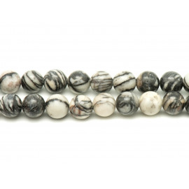 Fil 39cm 44pc environ - Perles Pierre Jaspe Zebre Boules 8mm blanc gris noir rayures lignes