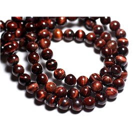 Fil 39cm 37pc environ - Perles Pierre Oeil Tigre rouge Taureau Boules 10mm rouge marron noir reflets