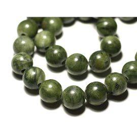 Fil 39cm 32pc environ - Perles Pierre Jade Canada Nephrite Boules 12mm vert kaki