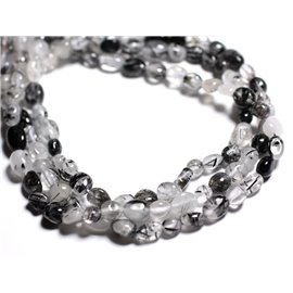 Fil 39cm 36pc environ - Perles Pierre Quartz Tourmaline Nuggets Olive Ovales 6-14mm blanc gris noir transparent