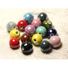 40pc - Perles Céramique Porcelaine Boules 14mm Multicolore Mélange irisé