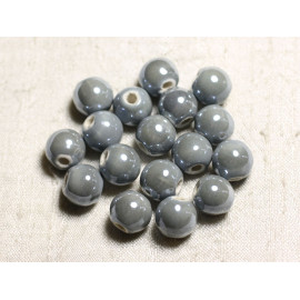 40pc - Perles Céramique Porcelaine Boules 14mm Gris clair perle irisé