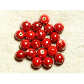 40pc - Perles Céramique Porcelaine Boules 14mm Rouge irisé