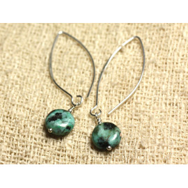 Boucles oreilles Crochets 40mm Argent 925 et Pierre Turquoise Afrique Palets 12mm N3