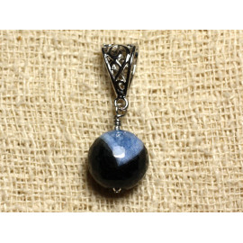 Pendentif Métal Argenté Rhodium et Pierre Agate Quartz Boule Facettée 14mm bleu noir